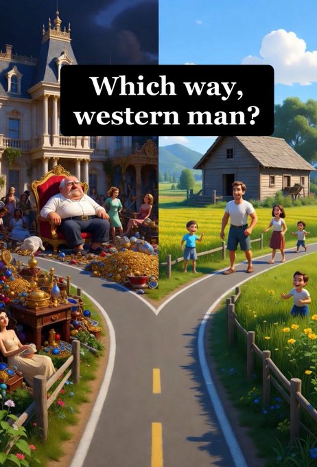 A split image asking 'Which way, western man?' showing a lavish palace scene on the left and a modest farmhouse scene on the right.