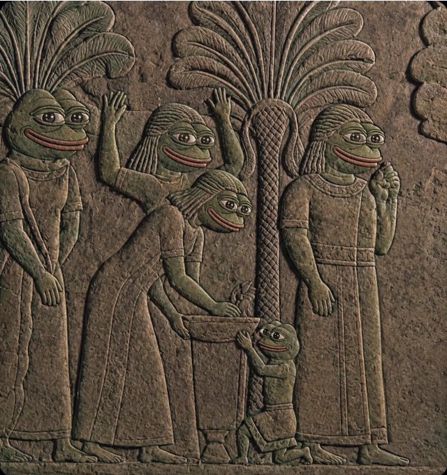 A stone relief carving depicting ancient figures with distinctive large-eyed faces in traditional robes, gathered around palm trees, with one figure presenting a bowl to a smaller figure.