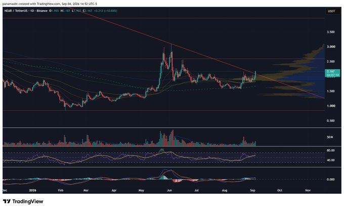 A TradingView candlestick chart for NEAR/USDT on Binance, daily timeframe, showing price action from December through November with EMA ribbons, a descending red trendline, and RSI/MACD indicators below, with the current price highlighted around 2.167.