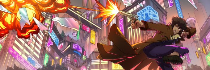 A stylized anime character in a trench coat fires a revolver amid a fiery explosion in a neon-lit, futuristic cityscape. The image ties into the "GM future millioners" post by visually representing the bold, high-energy ambition of future wealth.