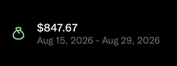 A screenshot displays earnings of **$847.67** for the period of August 15, 2026 to August 29, 2026, alongside a money bag icon, corresponding to the post celebrating a free $847.67 payout from X (the platform formerly known as Twitter).