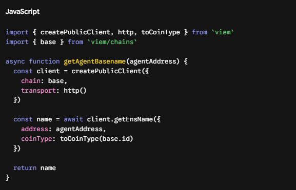 JavaScript code for a function called getAgentBasename that uses viem to fetch ENS names from agent addresses.