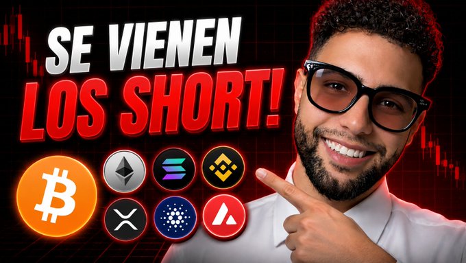 YouTube thumbnail featuring a smiling man in glasses pointing at cryptocurrency logos (Bitcoin, Ethereum, Solana, XRP, Cardano, Avalanche) with the Spanish text 'SE VIENEN LOS SHORT!'.