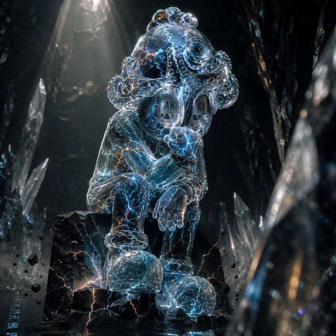 A glass-like statue of a monkey wearing goggles labeled 'AK' and 'CB' sits in a thought-provoking pose among dark, crystalline structures.