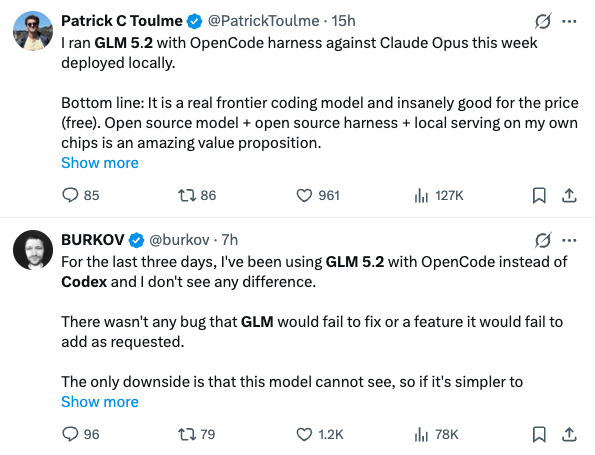 In this image, we see two Twitter posts by a user named Patrick C. Toume. The first post, placed above the other one, has more text than the second post. It's an explanation about Glm 5.2+ OpenCode, stating that it is almost as good as Codex or Claude Code. 

The second post, located beneath the first one, contains a screenshot of two Twitter users, specifically a user named burkov and another person with the name claus opus (claus). The posts are set against a brown background, making them stand out clearly on social media platforms like Twitter.