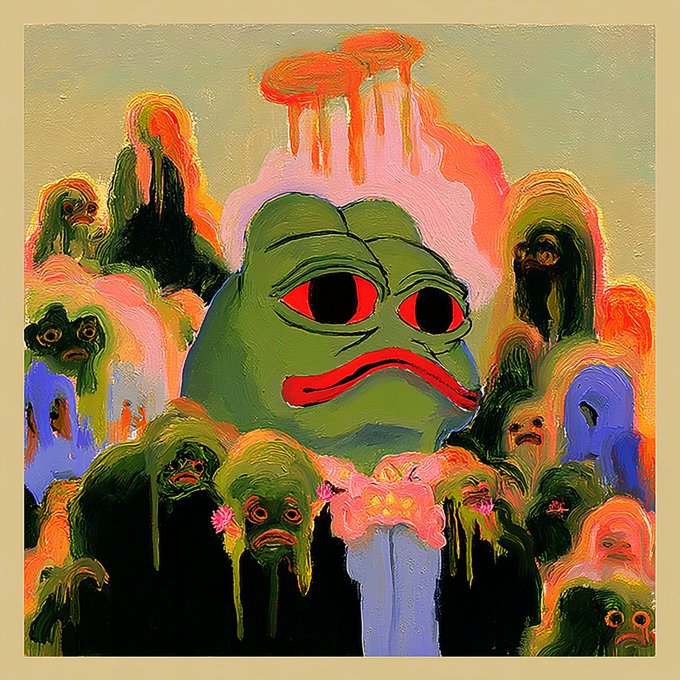 A colorful painting features a large, central green face with red eyes and a sad mouth, surrounded by smaller, distorted faces melting downward in hues of pink, orange, and green.
