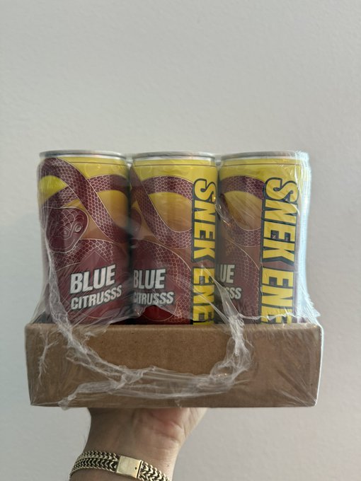 A hand wearing a gold bracelet holds a plastic-wrapped cardboard tray of 'SNEK ENEK' branded beverage cans in the 'BLUE CITRUSS' flavor.