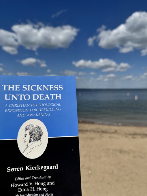 A copy of Søren Kierkegaard's "The Sickness Unto Death" is held up against a bright beach and ocean backdrop, with the visible text reading "Edited and Translated by Howard V. Hong and Edna H. Hong." The image playfully illustrates the post's "touch grass" message by showing a philosophical text against a sunny, sandy seaside, while the mention of restoring "the vertical principle" humorously echoes Kierkegaard's themes of transcendence and authentic existence.