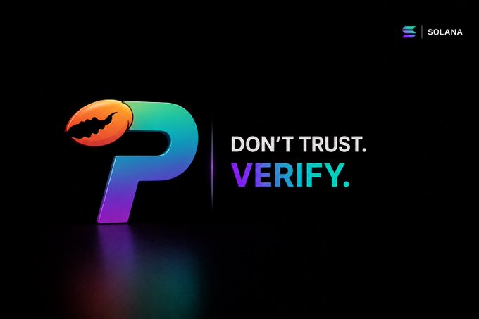 A promotional graphic for Percolator Trade on Solana features a stylized 3D "P" logo in vibrant gradient colors of orange, blue, and purple, alongside the slogan "DON'T TRUST. VERIFY." with the Solana branding in the top right corner. The image reinforces the accompanying message about open-source DeFi, emphasizing that Percolator's transparency aligns with Toly's open-sourcing of the risk engine—echoing the "don't trust, verify" ethos central to trustless systems.
