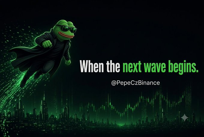 A promotional graphic featuring a frog character wearing sunglasses and a black coat, flying through a green-tinted digital cityscape. The text reads "When the next wave begins." with the handle "@PepeCzBinance" displayed below.
