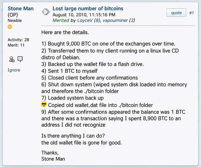 A classic 2010 Bitcointalk forum post by user Stone Man titled 'Lost large number of bitcoins' describing how he accidentally lost 8,900 BTC due to wallet file issues.