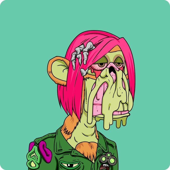 The image features a cartoon character with pink hair, wearing a green jacket and a military uniform. The character appears to be a monster or an alien-like creature, possibly from another planet. The character has a sad expression on their face as they look down at something in front of them. The caption below the image reads: "Buy an ape Hold an ape Be your ape Be proud to be a part of this community BAYC".