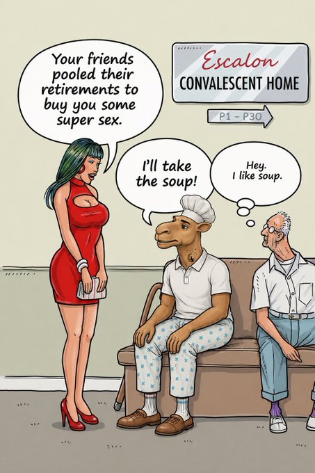 A cartoon set at 'Escalon Convalescent Home' showing two elderly men reacting to a woman in a red dress, with humorous dialogue about soup and a retirement-funded gift.