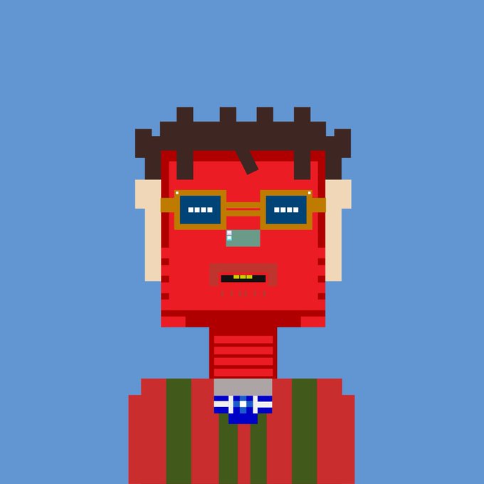 A pixel art character with a red face, brown hair, and yellow-rimmed glasses wears a red shirt with green suspenders against a blue background.