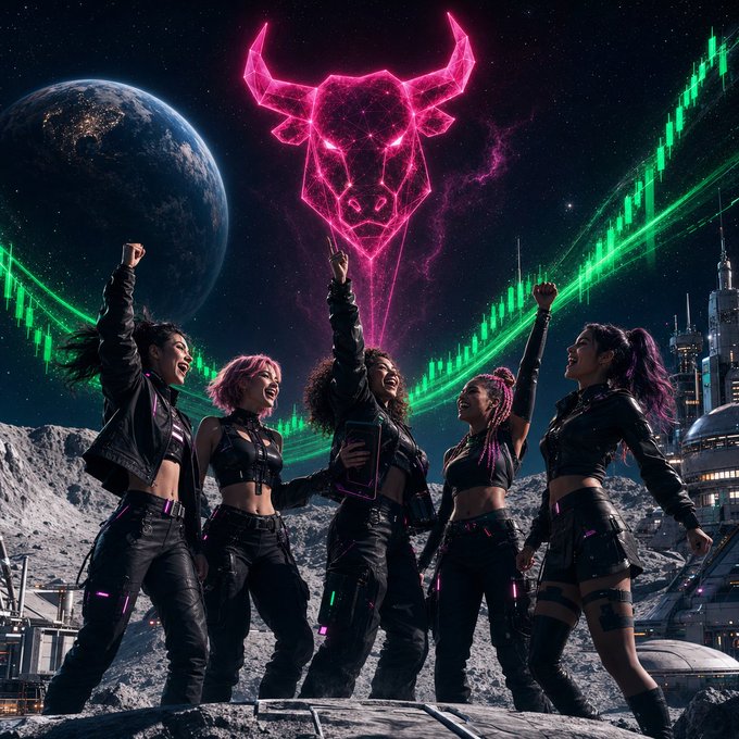 Five women in black tactical outfits celebrate with raised fists on a lunar surface beneath a glowing pink bull hologram and green candlestick chart, symbolizing a bullish crypto rally tied to the pump.fun token address shown.