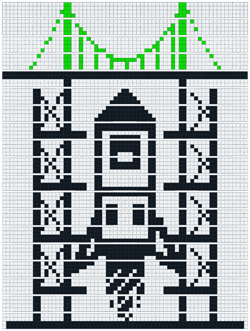 A pixel art design on graph paper depicting a building with a green roof and a central tower structure.