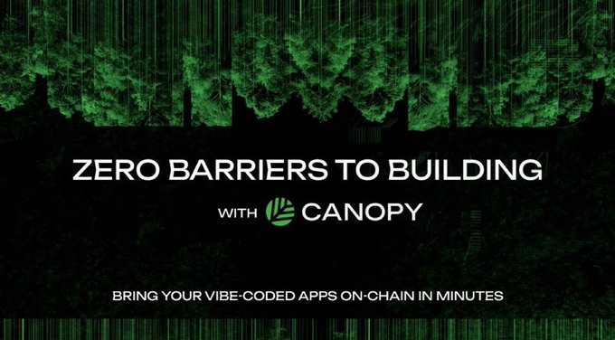 Dark promotional banner with green pixelated text reading 'VIBECODERS' and 'ZERO BARRIERS TO BUILDING WITH CANOPY,' tagged 'BRINGING YOUR VIBE-CODED APPS ON-CHAIN IN MINUTES.'