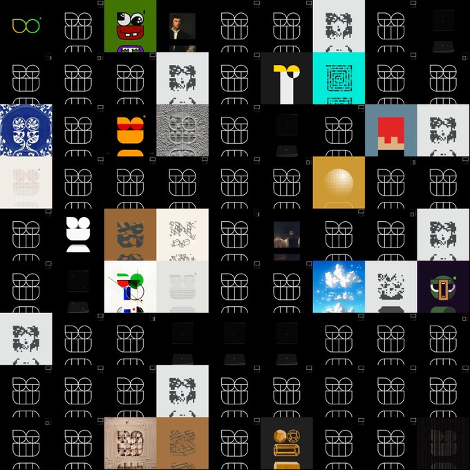 Grid of various social media avatar/profile images featuring logos, abstract patterns, faces, and pixel-art designs on a black background.