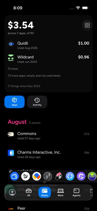 A mobile app screenshot showing a wallet balance of $3.54 across 7 apps, with Quidli ($1.00) and Wildcard ($0.96) listed, and a list of August events including 'Commons' and 'Charms Interactive, Inc.'
