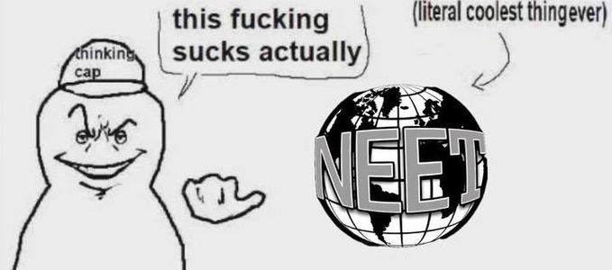 A "thinking cap" meme character says "this fucking sucks actually" about the globe labeled "NEET," labeled as the "literal coolest thingever," humorously capturing the contradiction of a resilient crypto coin being mocked despite its impressive longevity in a bear market.