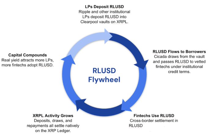 An infographic diagram titled 'RLUSD Flywheel' showing a circular flow with five stages: 'LPs Deposit RLUSD,' 'RLUSD Flows to Borrowers,' 'Fintechs Use RLUSD,' 'XRPL Activity Grows,' and 'Capital Compounds,' each with a brief description.