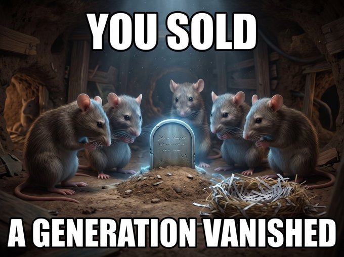 A meme featuring five rats in a dark, cave-like setting around a small tombstone, with the text 'YOU SOLD' at the top and 'A GENERATION VANISHED' at the bottom.