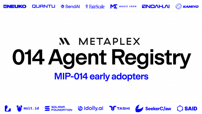 Promotional graphic for the "014 Agent Registry" by Metaplex, highlighting early adopters of MIP-014 (an onchain identity standard) including Oneuko, Quantu, SendAI, FairScale, Magic Eden, Noah.AI, Kamiyo, molt.id, Solana Foundation, Idolly.ai, Tashi, SeekerC/aw, and SAID, aligned with the post's announcement of the agentic economy being built on Solana.