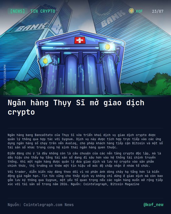 Vietnamese crypto news article from Cointelegraph with headline 'Ngân hàng Thụy Sĩ mở giao dịch crypto' (Swiss bank launches crypto trading), discussing BancaStato and Sygnum's crypto services.