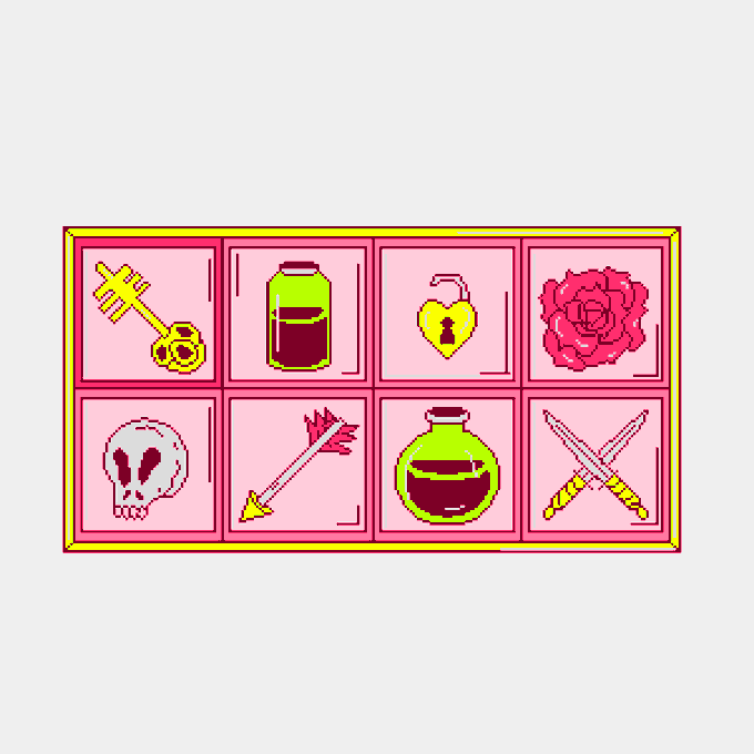 A pixel art grid displays eight pink-bordered icons featuring items like a key, potion bottles, a lock, a rose, a skull, an arrow, and crossed swords.