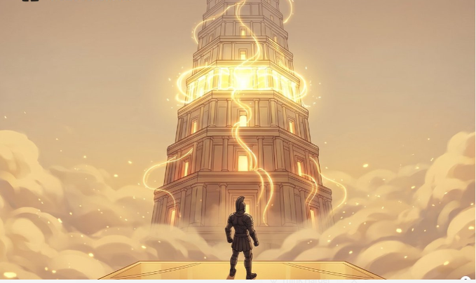 urn of gold and light, with a tower on top, casts a warm glow against a pale yellow sky.
