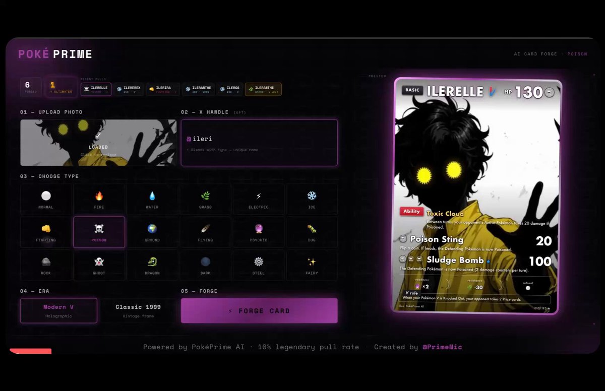 The image shows a screenshot of a Pokémon game called pokeprime. The main focus is a purple screen displaying various Pokémon options, including a player's name and a specific Pokémon type - "Irma Shigeru". There are several different Pokemon cards in the layout, along with an item that has been "fortified" by "The Pokémon Clubhouse".

To access these options, players will need to input their names or choose from the provided list of Pokémon characters. The game encourages players to craft their own cards and engage in battles against other players using their chosen character types. To win points, players should try the newly discovered vibecoded Pokémon app and use unique name(s) when signing up for it, as well as choosing a specific Pokémon type - "Modern/Classic".