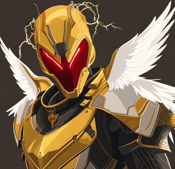 An anime-style illustration of a warrior in ornate golden armor with a red visor helmet featuring glowing red eyes, accompanied by white angel wings and lightning bolts in the background.