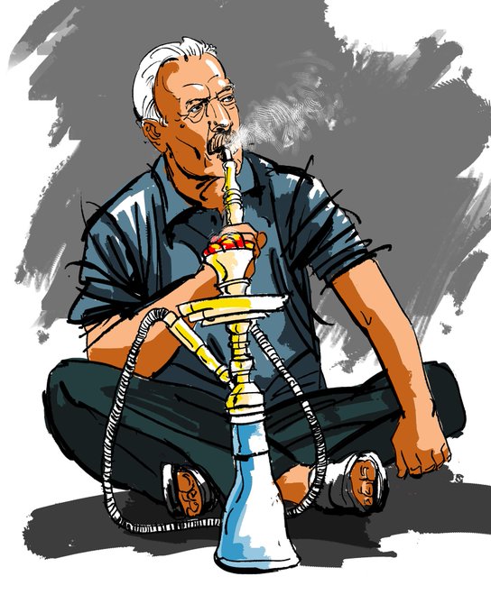 A stylized illustration depicts a contemplative older man with white hair and glasses, seated cross-legged while smoking a hookah with a long hose. The artwork, titled "Man with a Hooka," captures a nostalgic, meditative scene that aligns with the post's description of Eastern contemplation and memory.