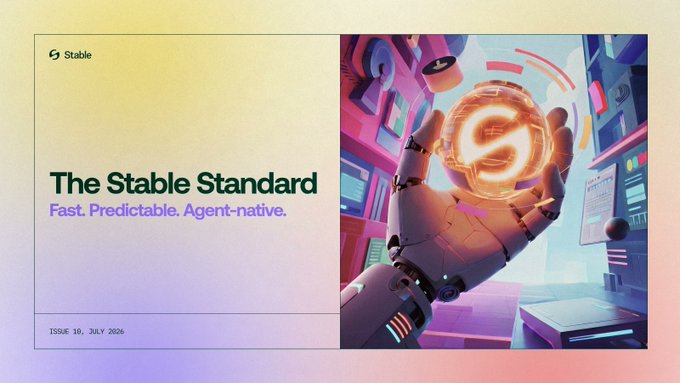 This image appears to be a magazine-style cover titled "The Stable Standard" with the tagline "Fast. Predictable. Agent-native." (Issue 10, July 2026), featuring a stylized 3D robotic hand holding a glowing orange sphere emblazoned with an "S" logo. The "Stable" branding relates to the post's mention of @Stable, though the image itself doesn't depict any meme-related content or reference @FeferMeme—making it more of a corporate/brand-style cover rather than something visually tied to the "Meme Season" call-out in the accompanying text.