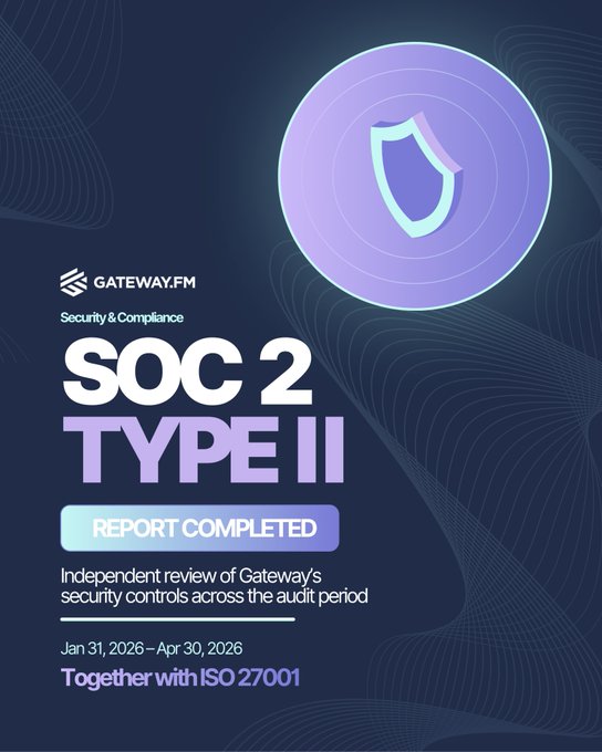 The image features a poster with a purple shield and a blue circle containing a shield, both of which are symbols associated with security and compliance. The text on the poster reads "Moving onchain should never cost an institution its standards. We have completed our SOC 2 Type II report, an independent verification that our controls operate effectively over time". This statement is related to the image as it suggests that the poster might be promoting a new type of security system or service for institutions. The poster also includes a date and a website address, indicating that more information about this service can be found on the provided link.