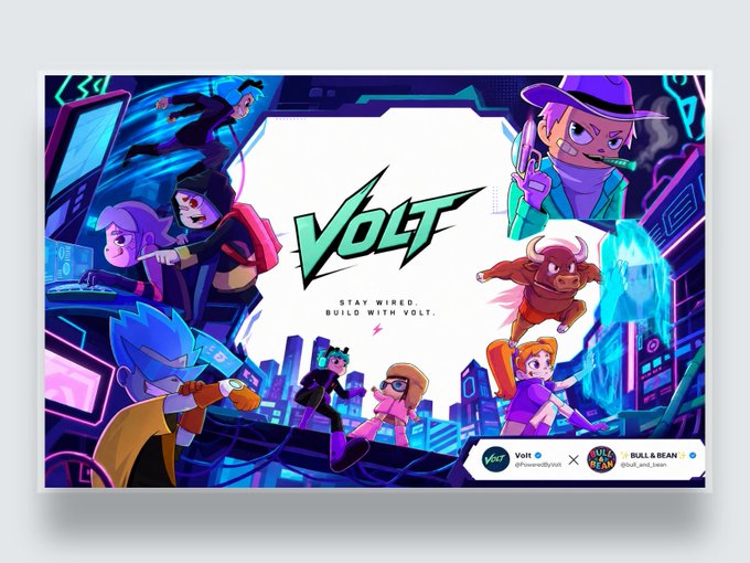 Colorful promotional artwork for 'Volt' featuring anime-style characters in a cyberpunk cityscape with the tagline 'Stay Wired. Build With Volt.'