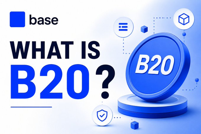 A graphic with the Base logo asking 'WHAT IS B20?' alongside a 3D blue coin labeled 'B20' on a pedestal.