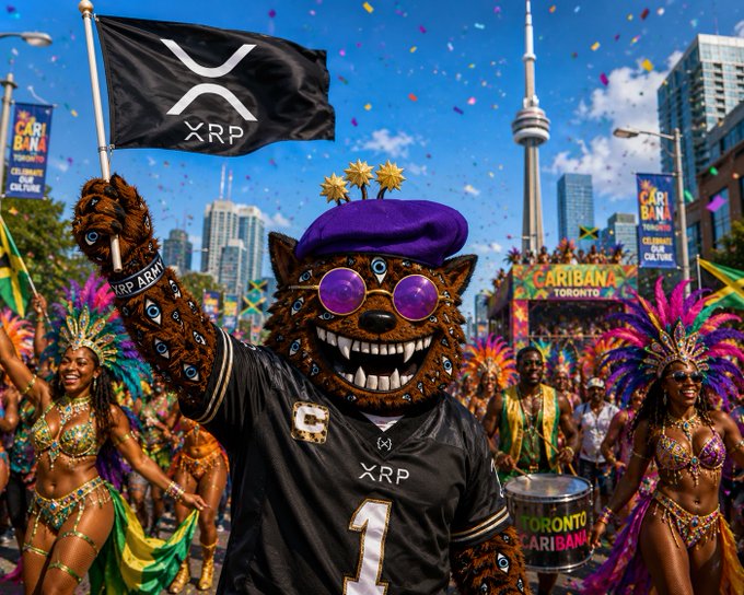 An AI-generated image of a mascot character wearing an XRP-branded football jersey with a purple beret and sunglasses, waving an XRP flag at Toronto's Caribana festival with the CN Tower in the background.