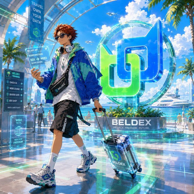 Vibrant anime-style promotional artwork for BELDEX showing a stylish young man with luggage at a futuristic tropical travel terminal, featuring signage with text including 'TRAVEL OWN YOUR DATA', 'WEB3', 'BELDEX PRIVACY. FREEDOM. FUTURE.'