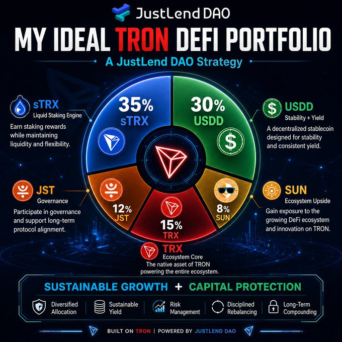 JustLend DAO infographic titled 'MY IDEAL TRON DEFI PORTFOLIO' showing a pie chart allocation: 35% sTRX, 30% USDD, 15% TRX, 12% JST, and 8% SUN, with principles of Sustainable Growth + Capital Protection.