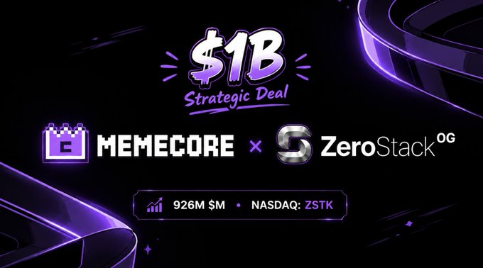 A purple-toned graphic announcing a '$1B Strategic Deal' between MEMECORE and ZeroStack (NASDAQ: ZSTK), referencing a 926M $M token market cap.