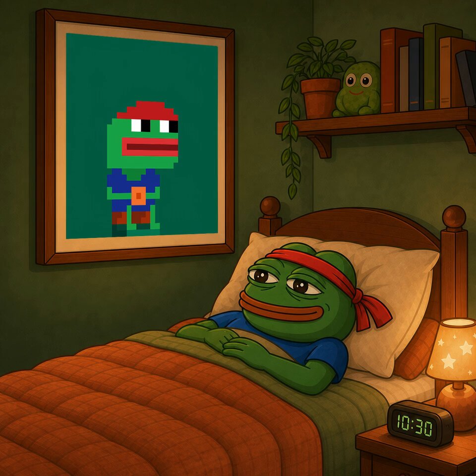 The image features a cartoon frog character lying down in bed next to a clock that reads 10:36. The frog appears to be smiling while resting in its cozy bed, surrounded by various books scattered around the room. The scene suggests that the frog is enjoying some leisure time and taking a break from its daily activities.