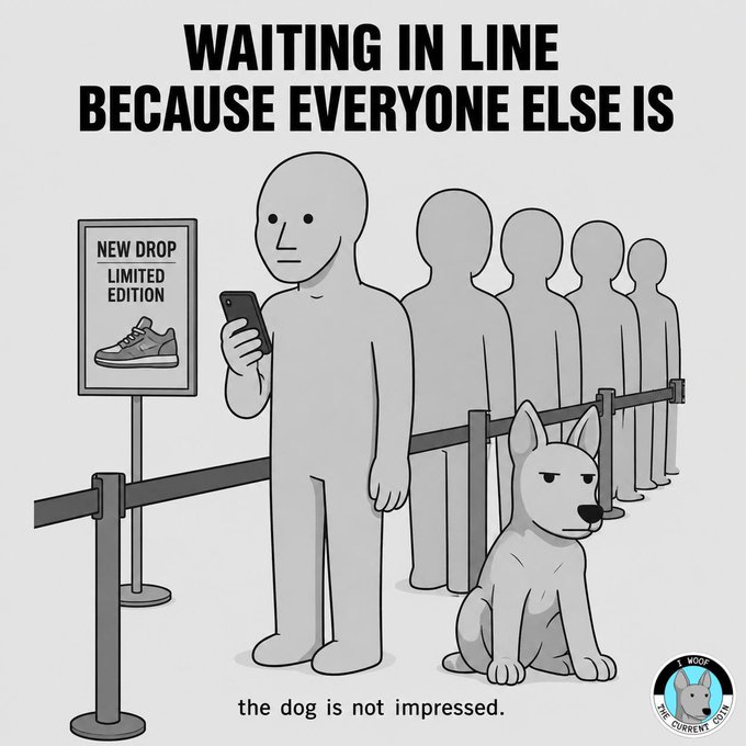 An illustration titled 'WAITING IN LINE BECAUSE EVERYONE ELSE IS' showing a person in line at a 'NEW DROP LIMITED EDITION' sneaker store with an unimpressed dog.