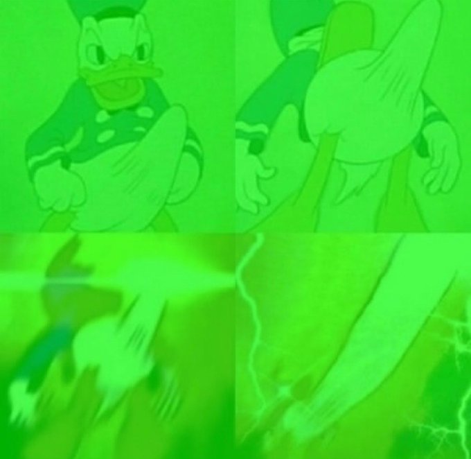A four-panel comic-style image of a cartoon duck character with a green tint overlay, showing chaotic, blurry movement.