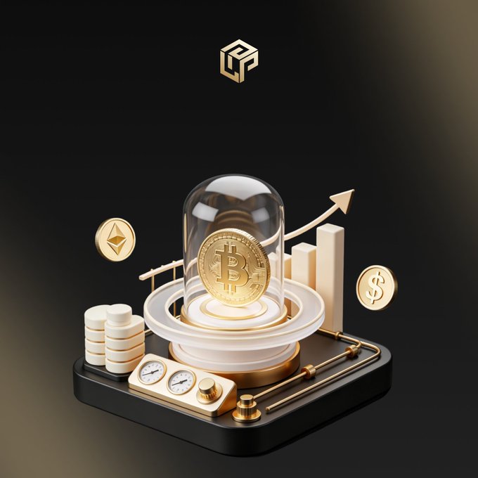 A 3D rendered illustration featuring a golden Bitcoin coin inside a glass dome surrounded by cryptocurrency symbols (Ethereum and Dollar), with an upward arrow and bar chart symbolizing growth.