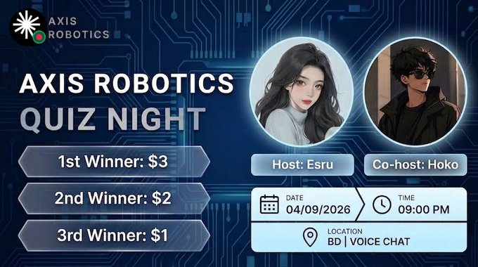 Promotional graphic for 'AXIS ROBOTICS QUIZ NIGHT' featuring avatars for Host Esru and Co-host Hoko, with prize amounts of $3, $2, and $1 for the top three winners, scheduled for 04/09/2026 at 09:00 PM via voice chat.