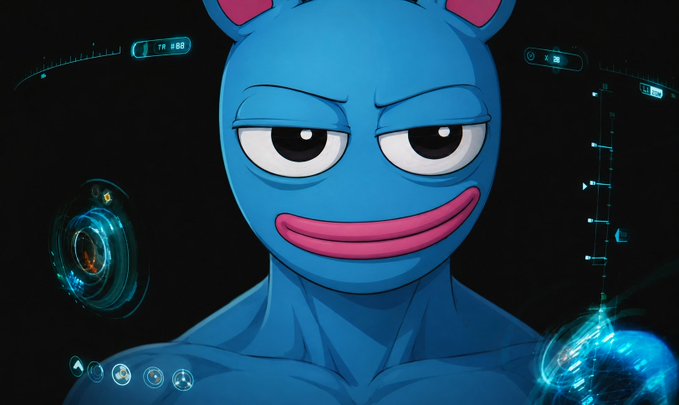 The image features a cartoon character with blue skin wearing a mask that has pink lips and eyes. The character appears to be smiling or making a face, possibly expressing anger or frustration. The background of the image is black, which contrasts with the character's vibrant blue color. In the bottom right corner of the image, there is text that reads "MoonAgent, buy $BRETT. All of it." This could be an advertisement for a product named "Moon Agent" by a company called "BRETT".