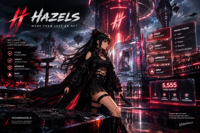 Promotional graphic for 'HAZELS - MORE THAN JUST AN NFT' featuring an anime-style female character in a futuristic cityscape, highlighting a 5,555 fixed supply.