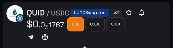 A cryptocurrency price tracker interface showing the QUID/USDC pair on LUNCSwap.fun v2 with a price of $0.031767.
