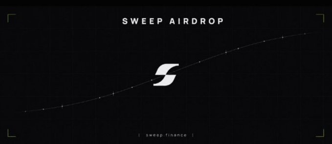 A dark promotional graphic reading "SWEEP AIRDROP" and "sweep:finance" features a curved trajectory line with an "S" emblem at its center. The image visually reinforces the airdrop campaign advertised in the post, highlighting the $SWEEP token reward and the sweep.finance registration link.